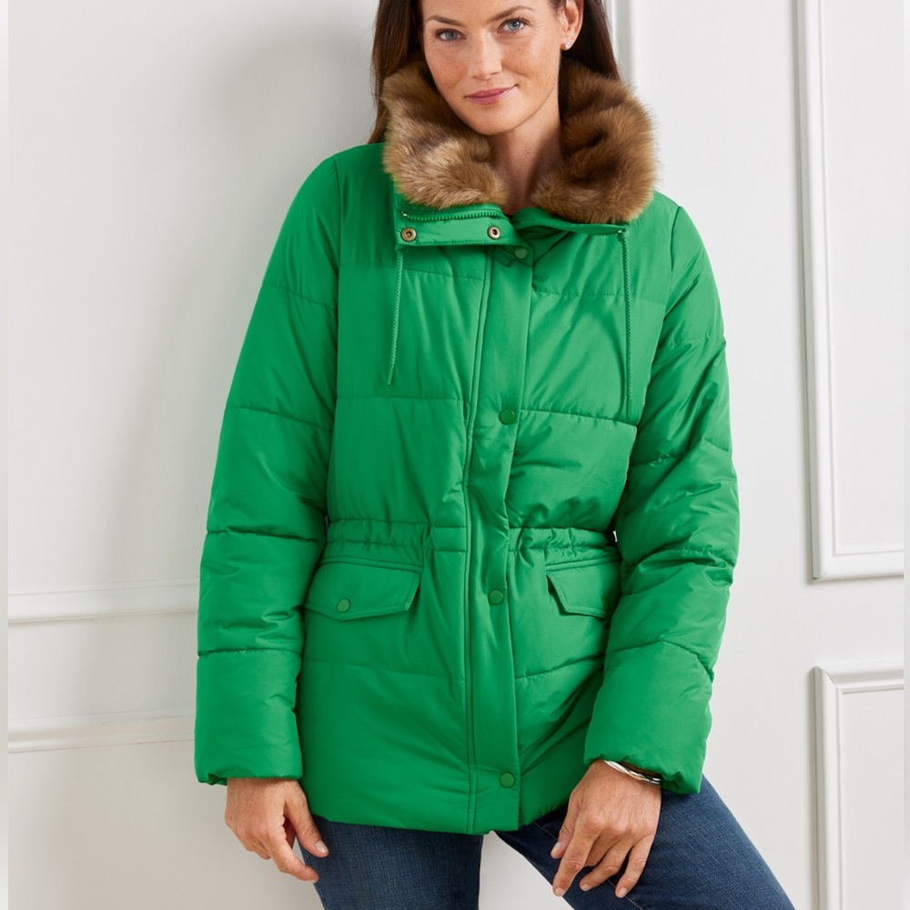 Talbots Plus Petite Faux Fur Trim Puffer Coat Green (Size 2XP)
